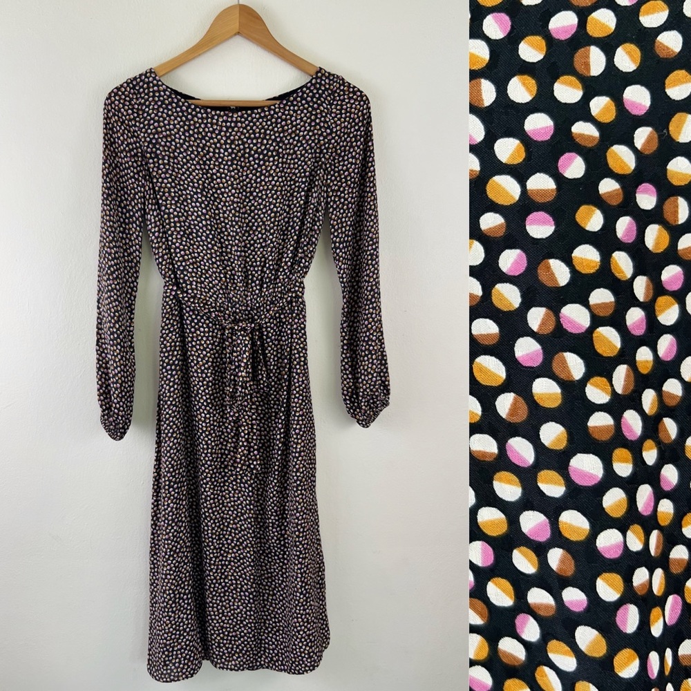 Ann Taylor Fully Lined Boat Neck Dot Printed Tie Waist Long Sleeve Midi Dress